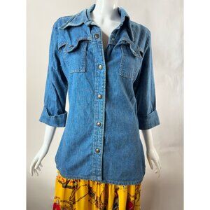 Vintage Blue Denim Button-Up Jacket With Pockets & Elastic Waist SZ Small